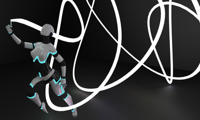 3D illustration of female robot dancing with ribbon