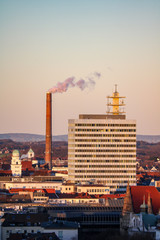 Panorama of Bielefeld, Germany with a smoking Chimney