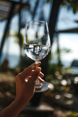 Wine glass with reflection of palm trees on the tropical landscape background 