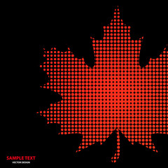 Bright maple leaf from small halftone circles on a black background.