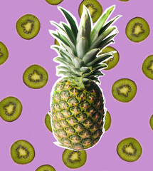 Fruit concept. Zine style, pop art design. Creative collage with pineapple and kiwi.