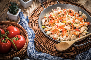 Fried chicken pieces with vegetables.