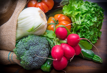 fresh vegetables in a burlap sack