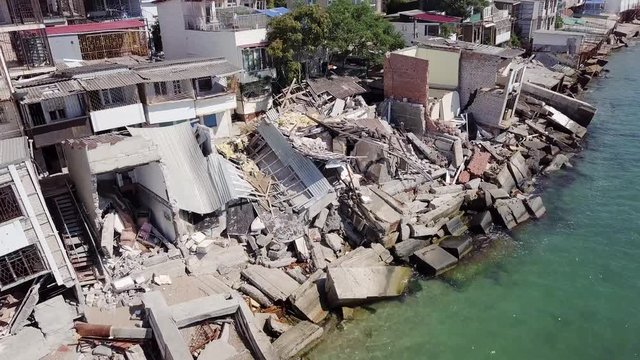Aerial view of the consequences of a landslide in the city of Chernomorsk, Ukraine