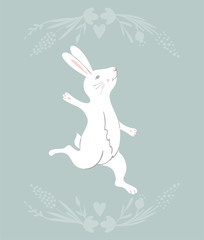Obraz premium Easter Bunny character. Happy running and dancing bunnies. Flower frame silhouette