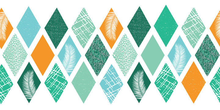 Contemporary abstract design for men. Rhombus shapes border seamless. Collage style vector pattern. Modern tropical summer geometric texture. Blue green teal orange shapes with palm leaf, animal skin