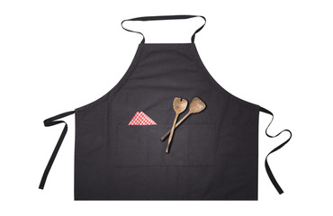 Black apron for kitchen top view. Isolated on white background.