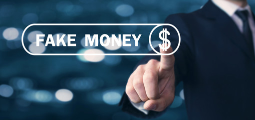 Man hand pressing dollar sign. Fake money