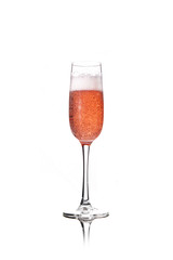 Rose pink champagne glass with bubbles isolated on white background