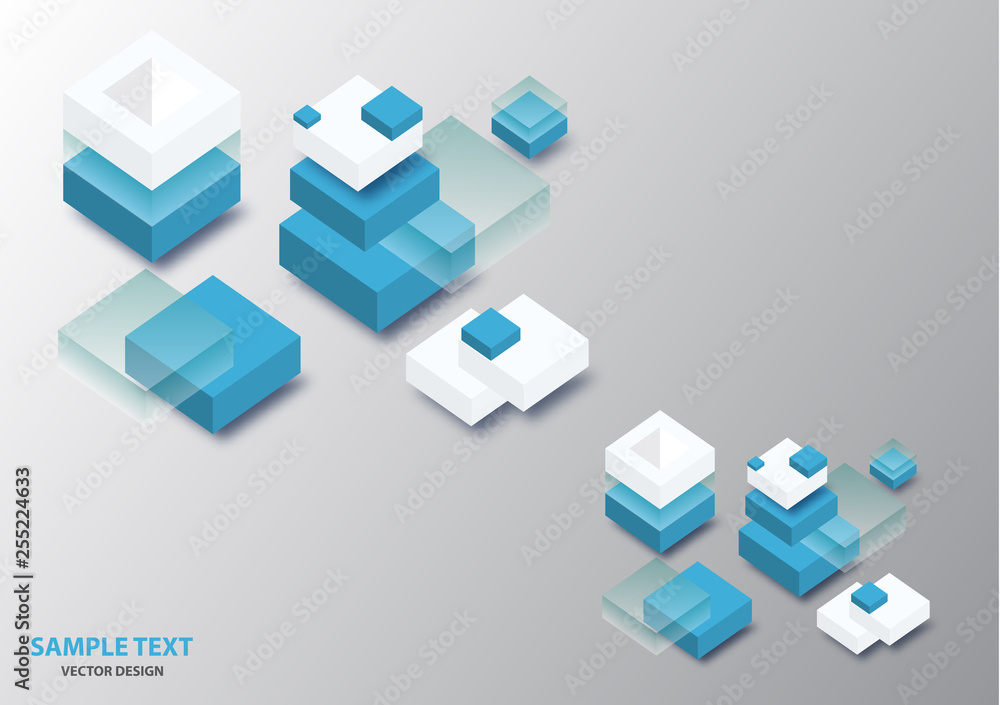 Poster blockchain concept banner. isometric blocks, cubes connect with each other and form cryptochains. ve