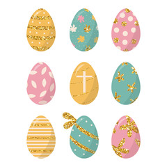 Set of cute Easter eggs with gold glitter elements. Vector hand drawn illustration.