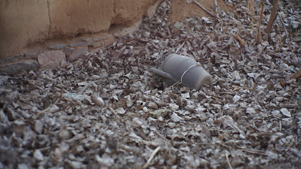 Discarded POTS among fallen leaves