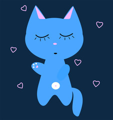 Blue cat is sleeping. White belly, pink paws. Funny kawaii kitten. Children s card. Cute cartoon vector character. illustration on dark background and hearts. Poster in the nursery or print on clothes