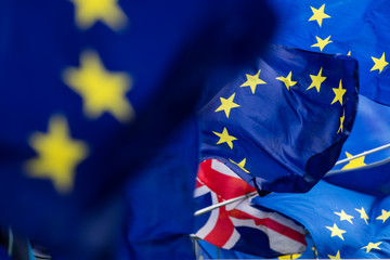 Flags of the European Union flying at a brexit march in London