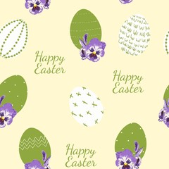 Easter seamless pattern for wrapping paper, illustration with colored eggs and spring viola flowers on yellow background.