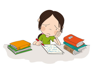Unhappy and tired girl preparing for school exam, writing homework, feeling sad and bored - original hand drawn illustration