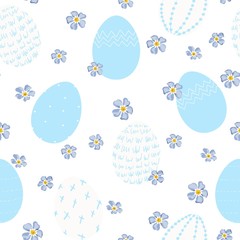 Easter seamless pattern for wrapping paper, illustration with colored eggs and spring forget-me-not flowers on white background.