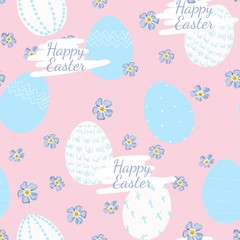 Easter seamless pattern for wrapping paper, illustration with colored eggs and spring forget-me-not flowers on pink background.
