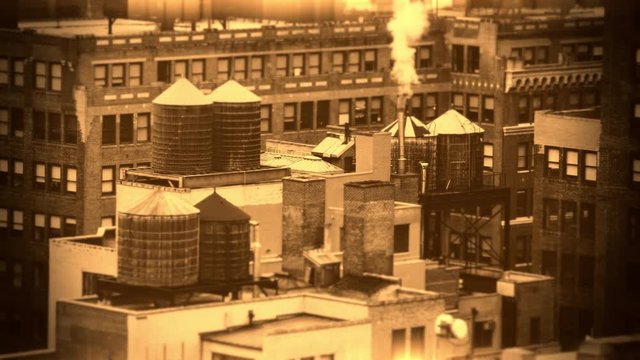 NYC Manhattan roof wooden water tanks industrial vintage film look sepia bokeh.mov