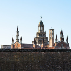 view of Certosa di Pavia with stone fence