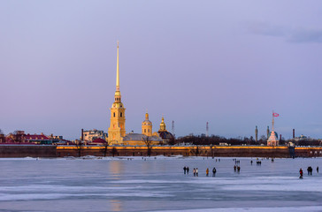 Sightseeing of St. Petersburg. Neva river and Peter and Paul Fortress, beautiful winter view, Saint...