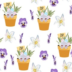 Spring seamless Happy Easter patterns with green twigs, grasses, narcissus and viola flowers, eggs, bunny in pot on a white background.