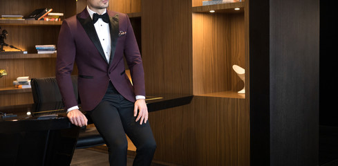 Man model in expensive custom tailored tuxedo, suit posing in his office