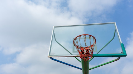 basketball hoop and net against blue sky