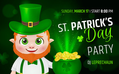 Funny fat leprechaun with beer in his hand. Happy St. Patrick's Day invitation card. Spring holidays. Vector Illustration EPS10
