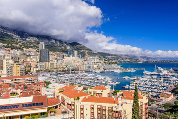 Cityscape and harbor of Monte Carlo. Aerial view of Monaco on a Sunny day, Monte Carlo,...