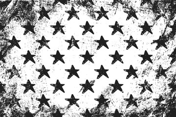 Grunge pattern with sketches stars. Horizontal black and white backdrop.