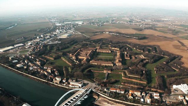 High altitude aerial view of star shaped Citadel or Cittadella of Alessandria, Italy