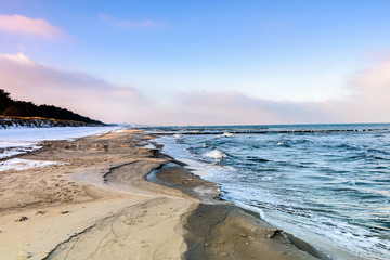 Hel Peninsula (Poland) in wintertime. Sundy beach at dusk. 