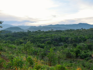 Savannah grassland against a mountain landscape, Taita Hills Wildlife Sanctuary, Kenya