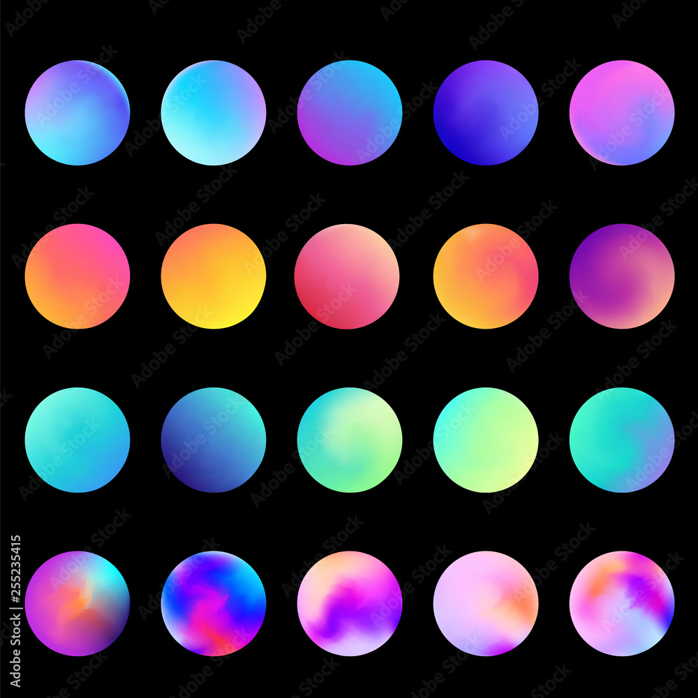 Poster rounded holographic gradient sphere set. gradient colorful sphere in trendy style. multicolor round 