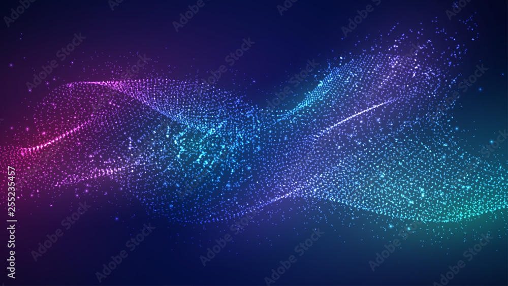 Poster dynamic abstract liquid flow particles background. shining abstract particle flow background. futuri