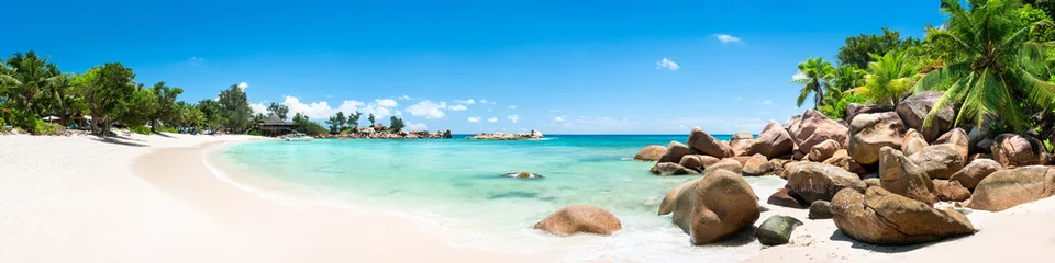 Fototapeten Sommer, Sonne, Strand und Meer auf den Seychellen als Panorama Hintergrund © eyetronic