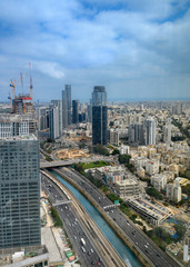 Ayalon highway and railways over skyscrapers of Tel Aviv, Israel.