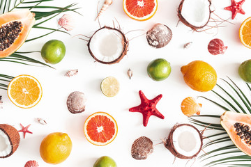 Fruit pattern on white background. Tropical fruits. Summer concept. Flat lay, top view