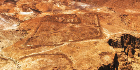 Elevated view of a fort at the base of the Masada fortress, israel