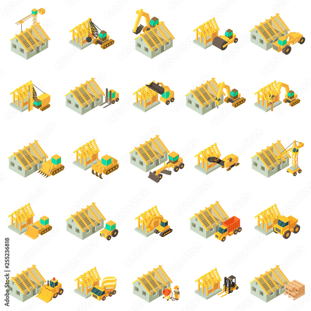 Poster building house icons set. isometric set of 25 building house vector icons for web isolated on white 