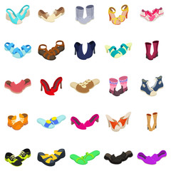 Pair of footwear icons set. Isometric set of 25 pair of footwear vector icons for web isolated on white background