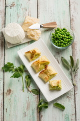 fagottini filled with ricotta parmesan cheese and green peas