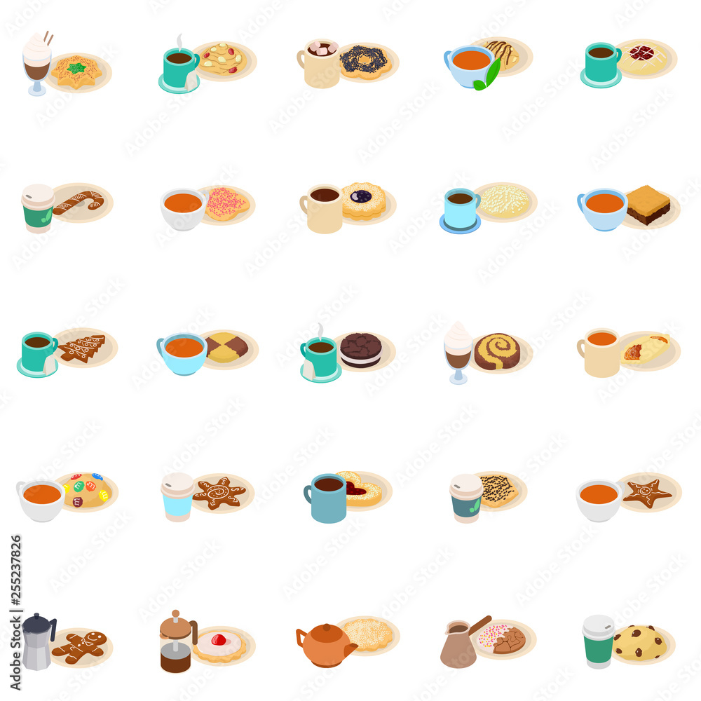 Poster breakfast icons set. isometric set of 25 breakfast vector icons for web isolated on white background
