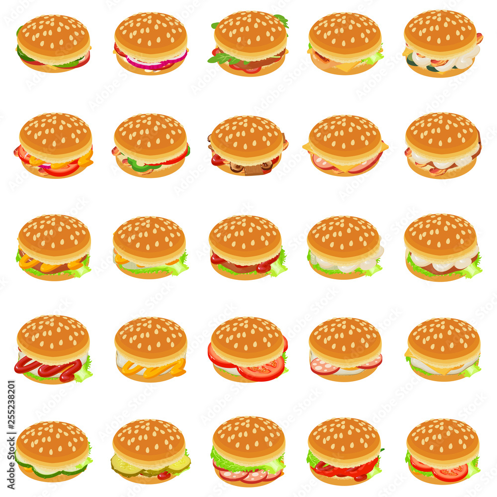 Poster burger icons set. isometric set of 25 burger vector icons for web isolated on white background