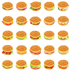 Burger icons set. Isometric set of 25 burger vector icons for web isolated on white background