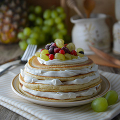 Stack of homemade pancakes or crepes with cream, yougurt fresh berries. Delicious breakfast. Pastry. Healthy food.