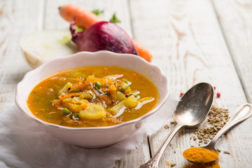 fennel soup with carrot green peas and fennel seeds
