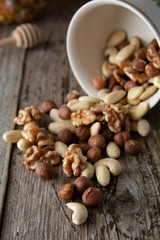 Nuts mix over wooden background. Energy super food. Proteine food. dieting, healthy food. Isolated nuts - almonds, hazelnuts,cashew, brazil nuts.