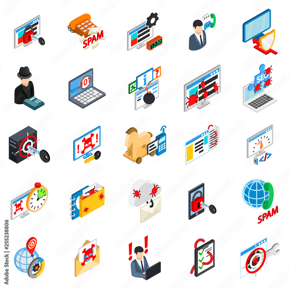 Poster cyber attack icons set. isometric set of 25 cyber attack vector icons for web isolated on white back